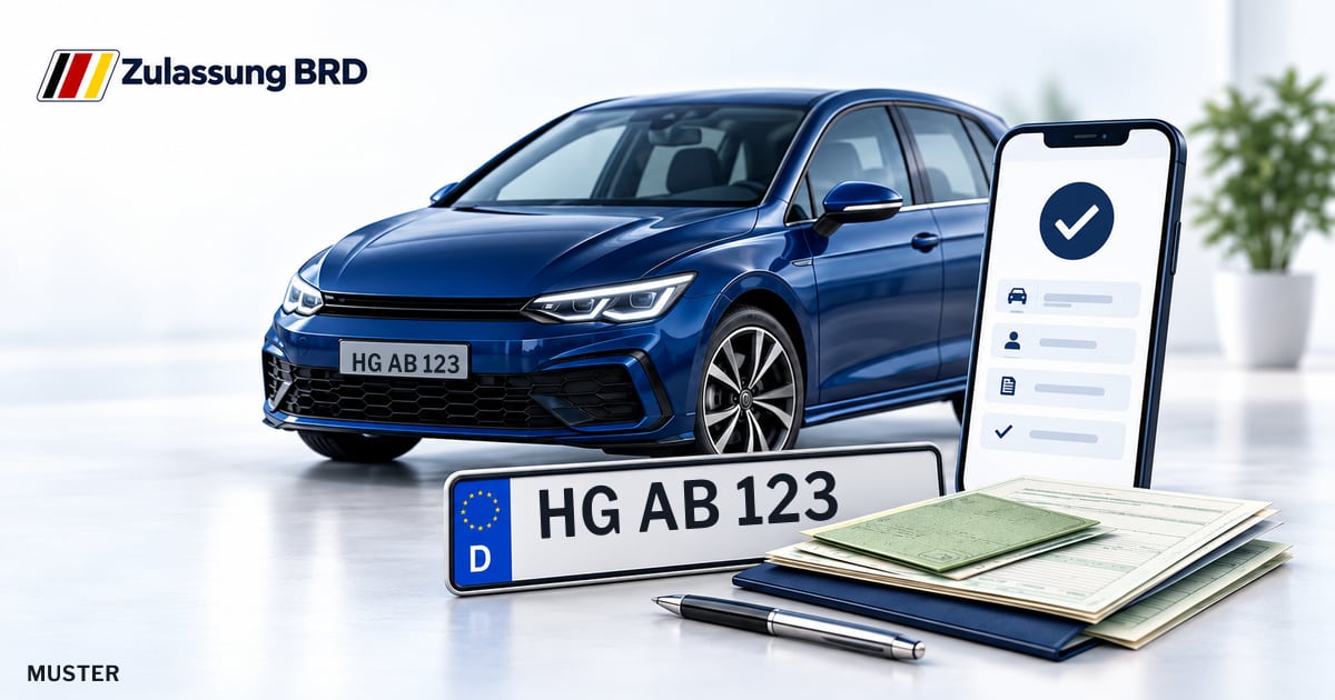 Online Fahrzeugzulassung in Steinbach (Taunus): Musterkennzeichen HG AB 123, Auto und Fahrzeugpapiere und Smartphone. Illustration mit Logo von Zulassung BRD.